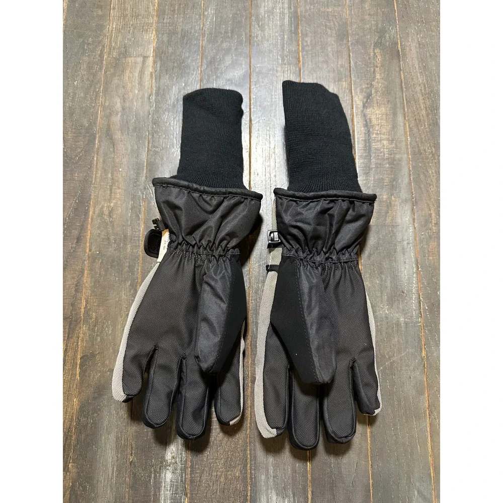 Kids Black Grey Insulated Winter Snow Gloves Water Resistant Knit Cuff 10-12